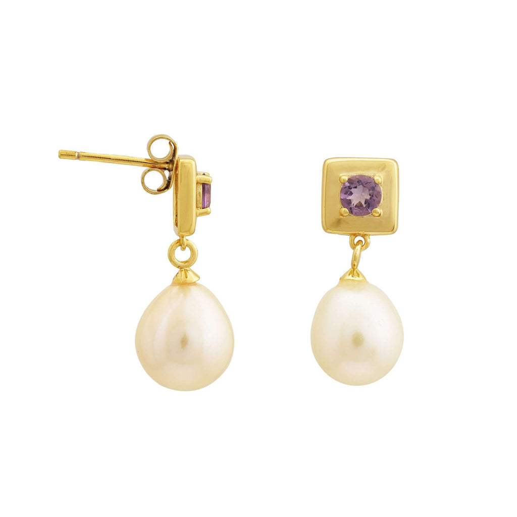 Freshwater Pearl with Amethyst Earrings 9 - 9.5 MM in Silver 925 24 CT Gold Plated