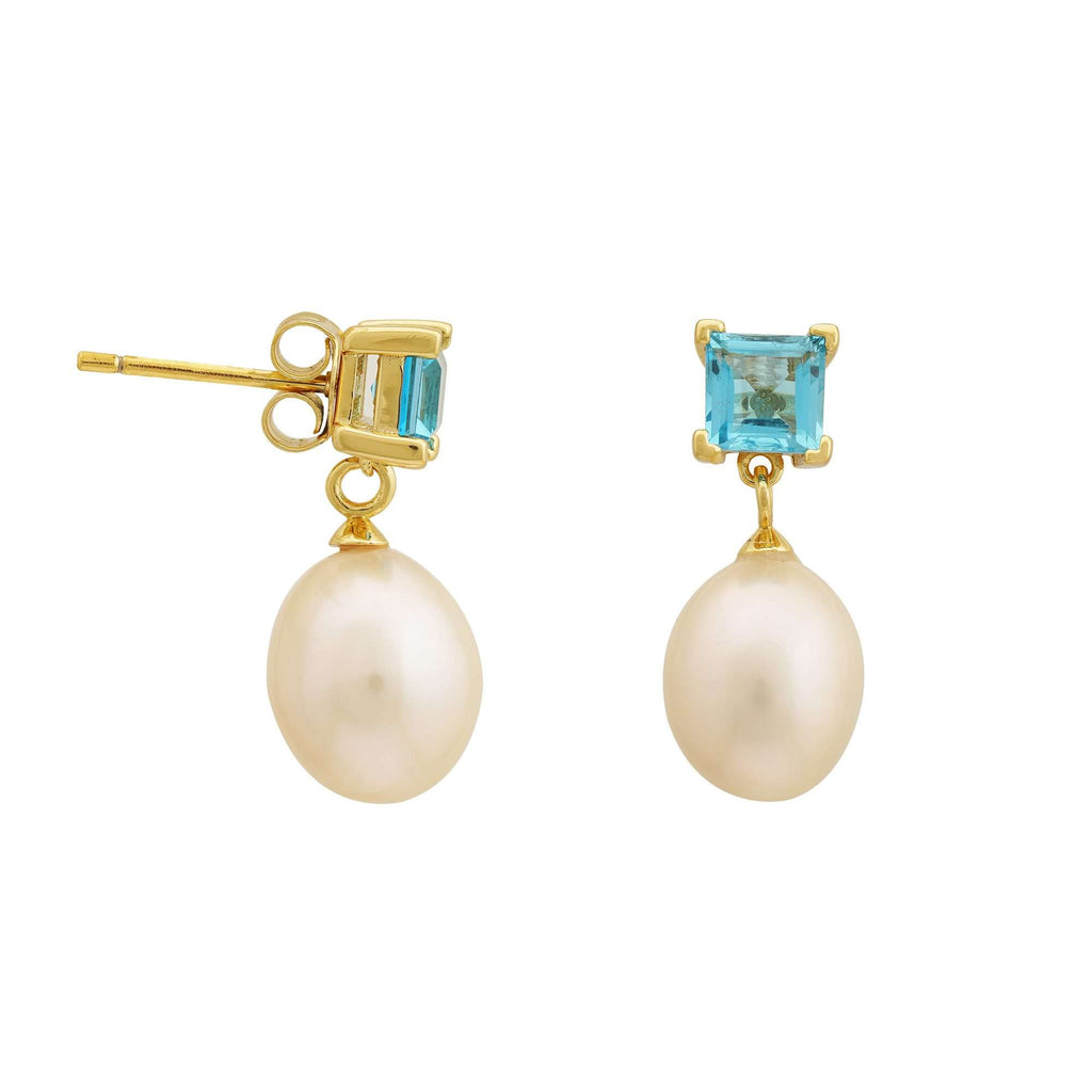 Freshwater Pearl with Topaz Earrings 9 - 9.5 MM in Silver 925 24 CT Gold Plated