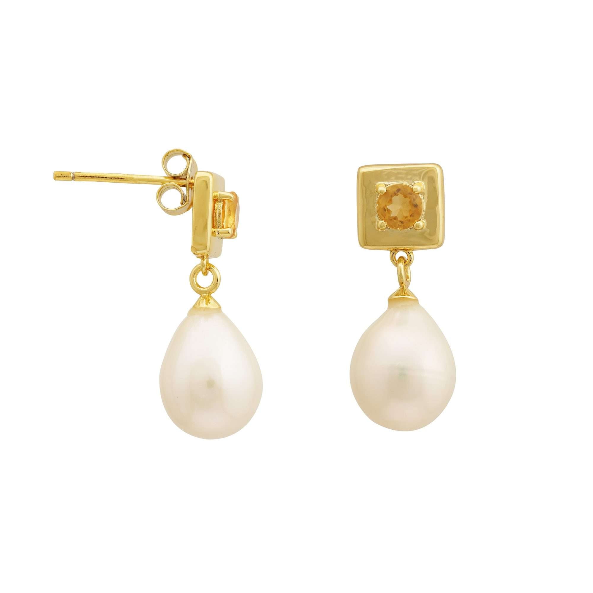 Freshwater Pearl with Citrine Earrings 9 - 9.5 MM in Silver 925 24 CT Gold Plated