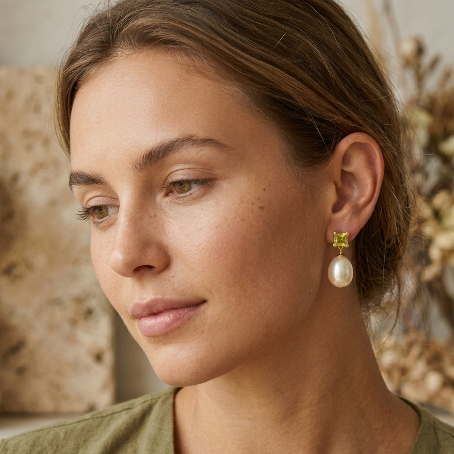 Woman wearing pearl earrings with a neutral background