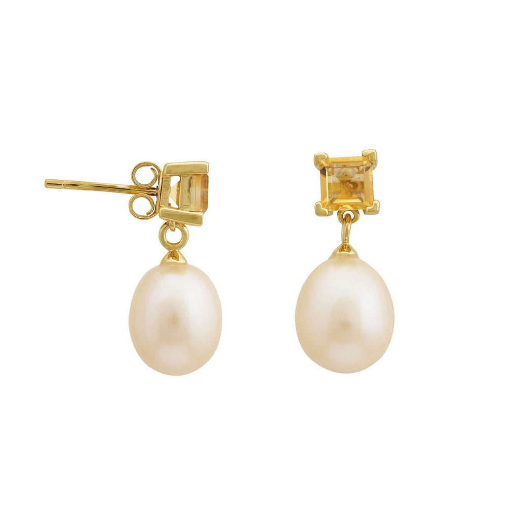 Freshwater Pearl with Citrine Earrings 9 - 9.5 MM in Silver 925 24 CT Gold Plated