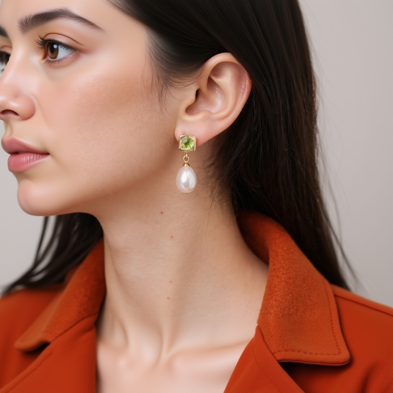 Close-up of a person wearing a green gemstone earring and a pearl drop earring.