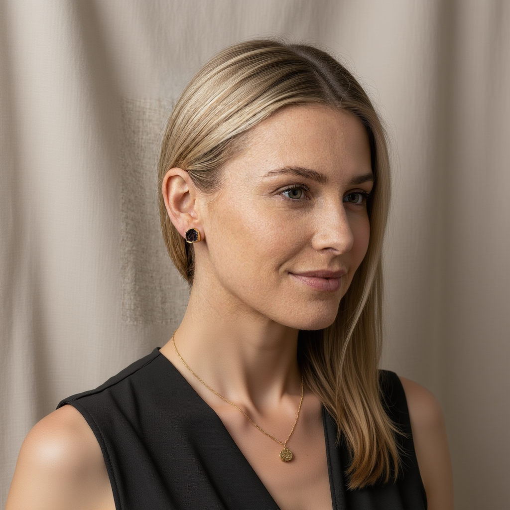 Close-up of a woman wearing a dark earring with a neutral background