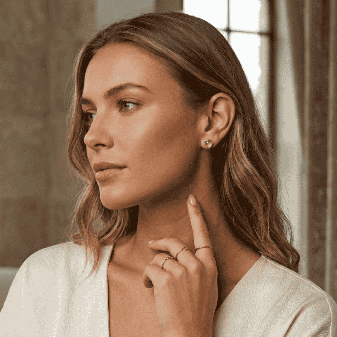 Woman adjusting an earring with a neutral background