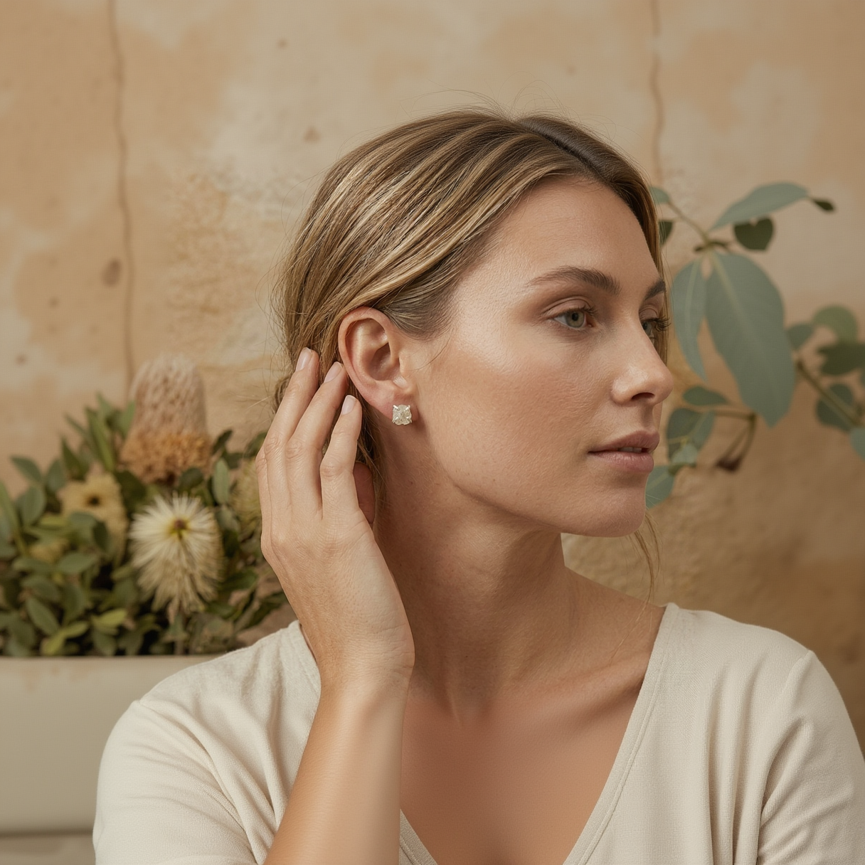 Woman wearing a diamond earring with a natural background
