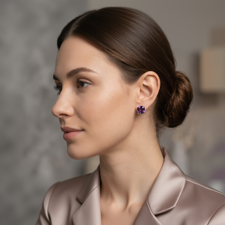 Woman wearing purple gemstone earrings with a blurred background