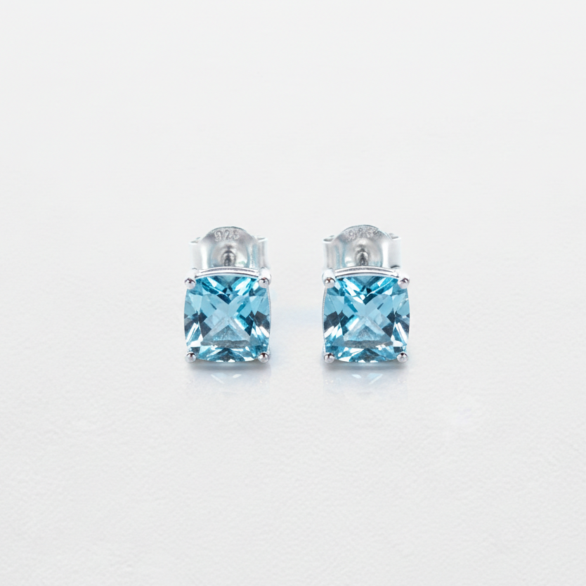 Pair of blue gemstone stud earrings on a white background

