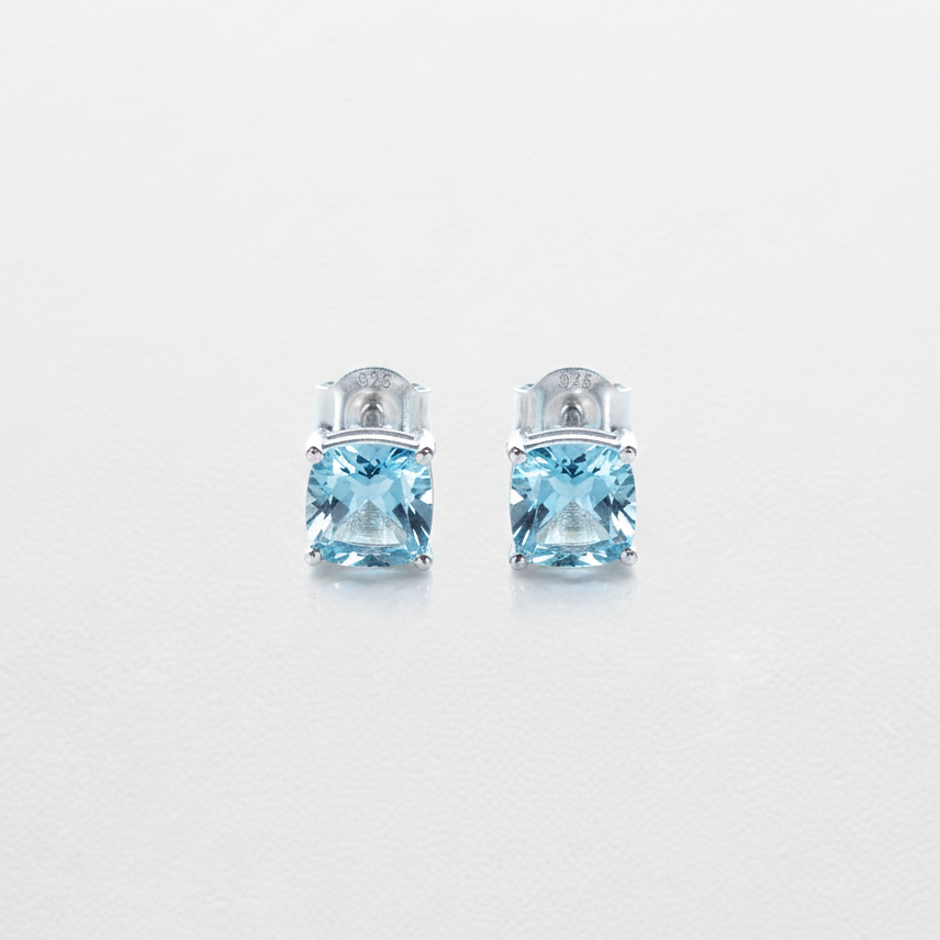 Pair of blue gemstone earrings on a light gray background

