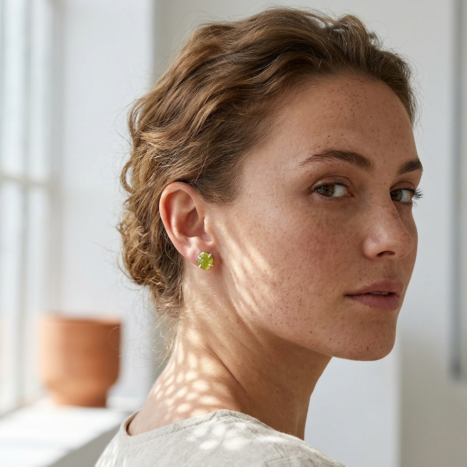 Woman wearing a green earring indoors with a neutral background