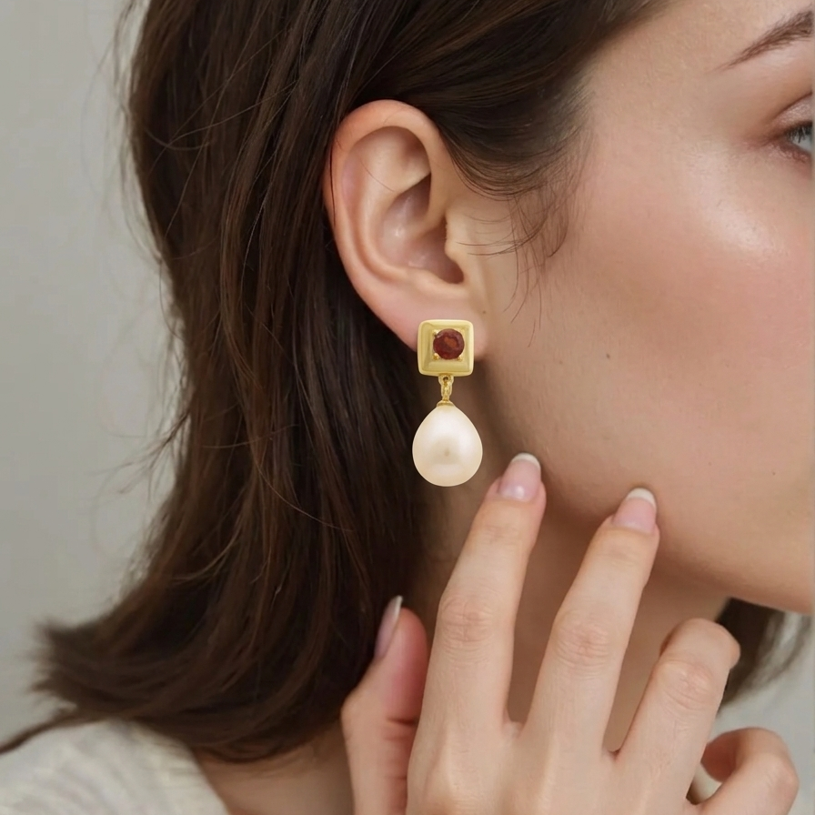 Close-up of a woman wearing gold earrings with a pearl drop, touching her face.