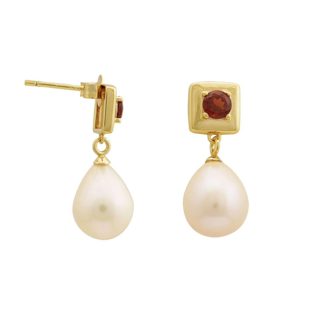 Freshwater Pearl with Garnet Earrings 9 - 9.5 MM in Silver 925 24 CT Gold Plated
