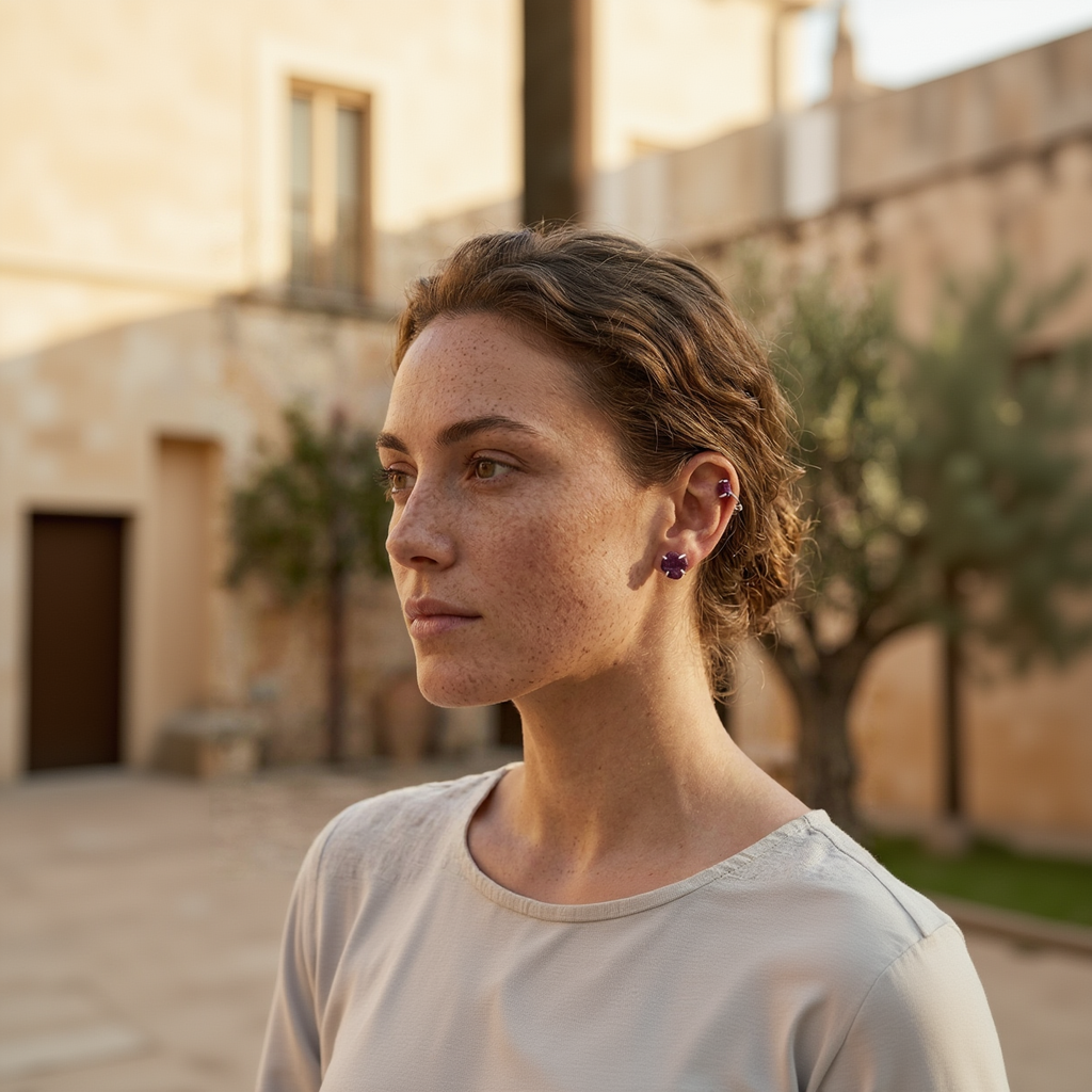 Woman wearing purple earrings outdoors with a blurred background