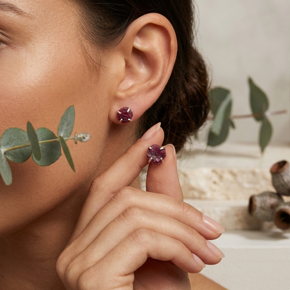 Close-up of a woman wearing purple earrings with a blurred natural background