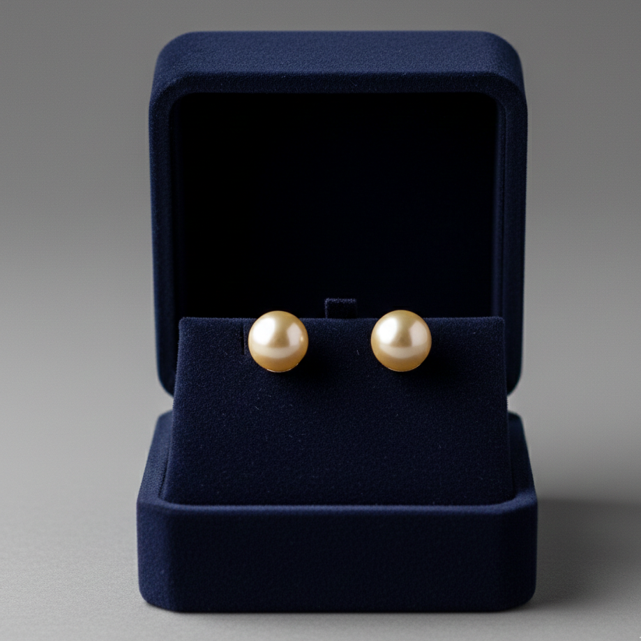 Pair of pearl earrings in a navy blue jewelry box on a gray background
