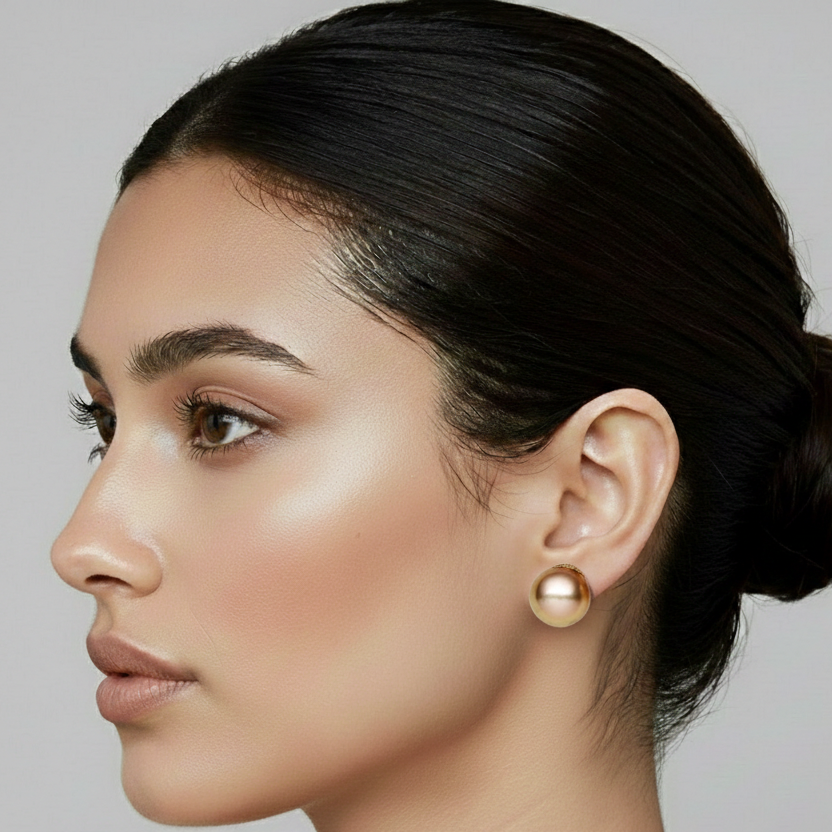 Woman wearing a gold earring with a gray background
