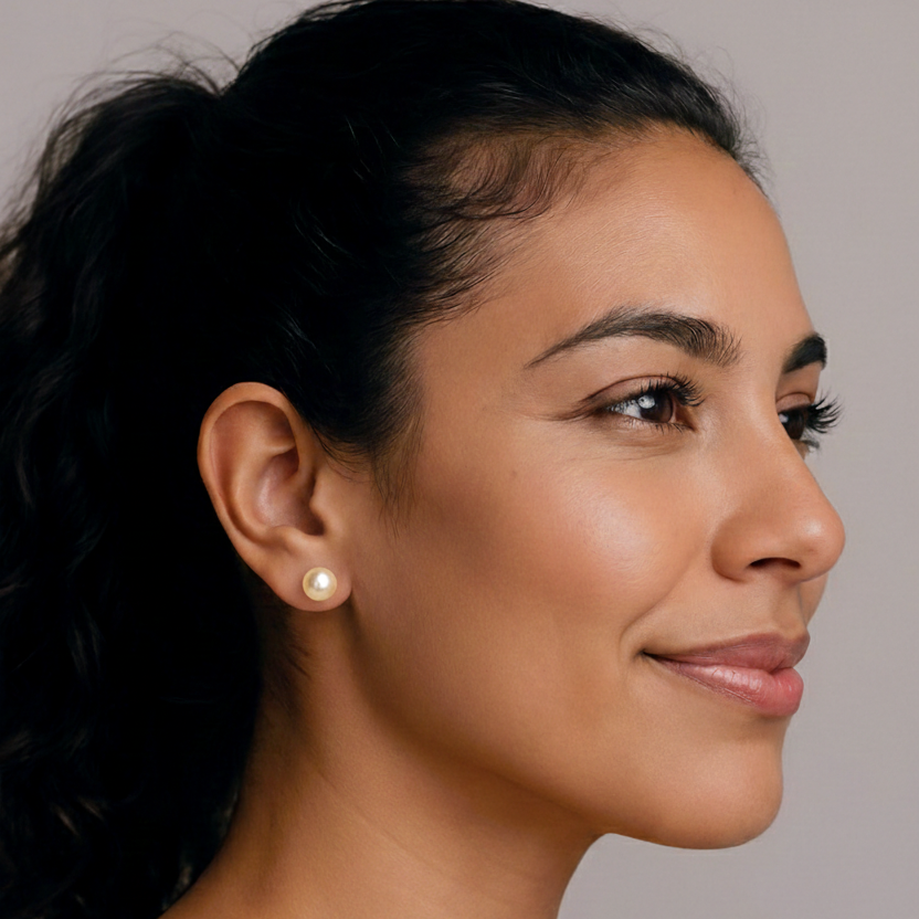 Woman with a pearl earring against a neutral background