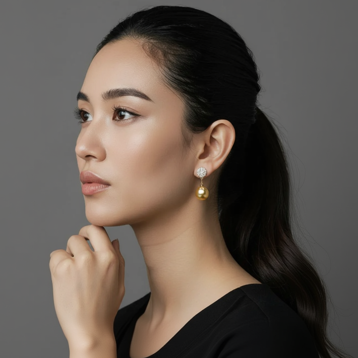 Woman wearing gold earrings with a gray background

