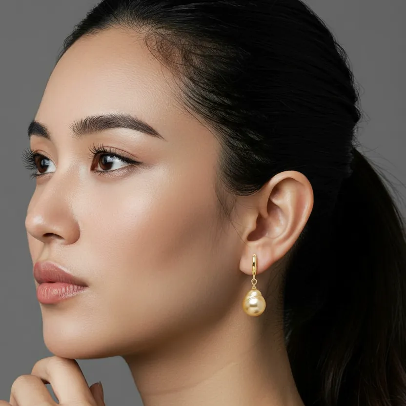 Close-up of a woman wearing gold earrings against a neutral background