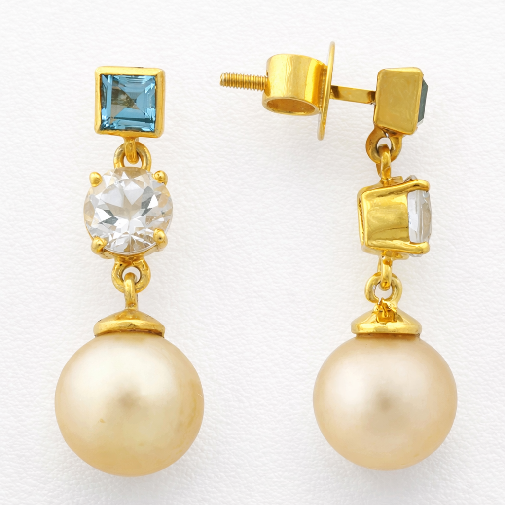 South Sea Pearl with Topaz Earrings 8.5 - 9.5 MM in 925 Silver