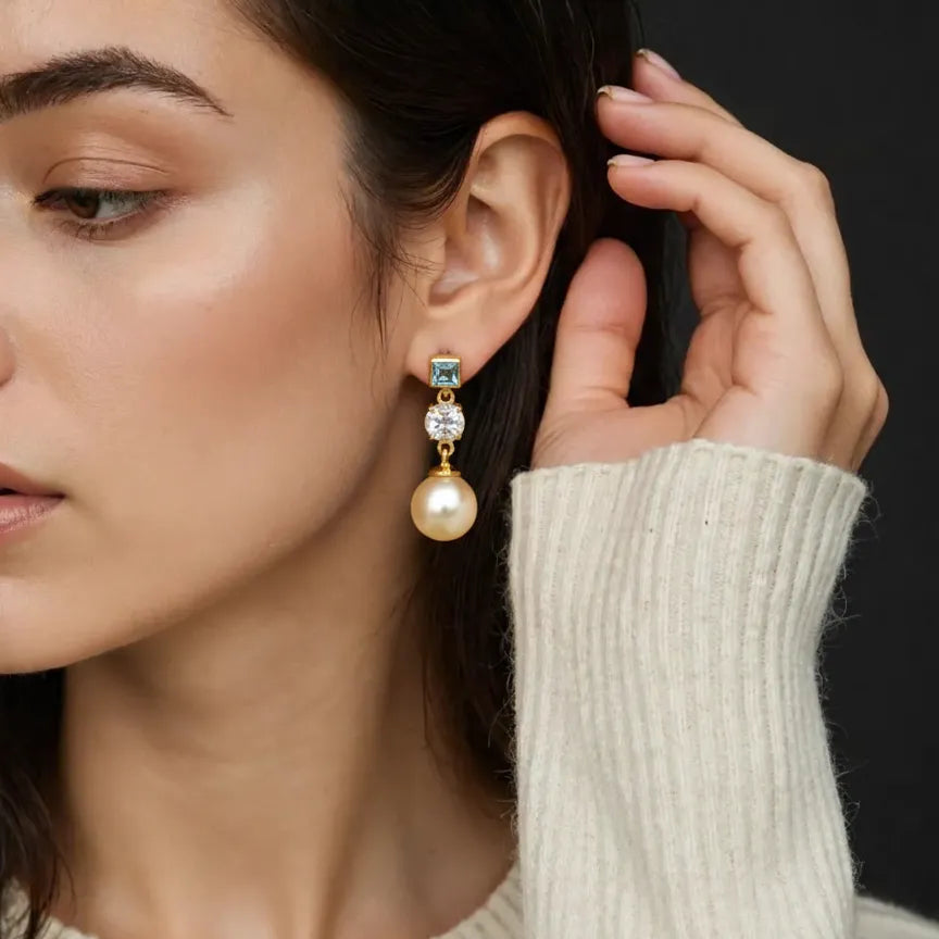 Golden South Sea Pearl with Aquamarine & Blue Topaz Stones Blaxland Earrings 8.5 - 9.5 MM