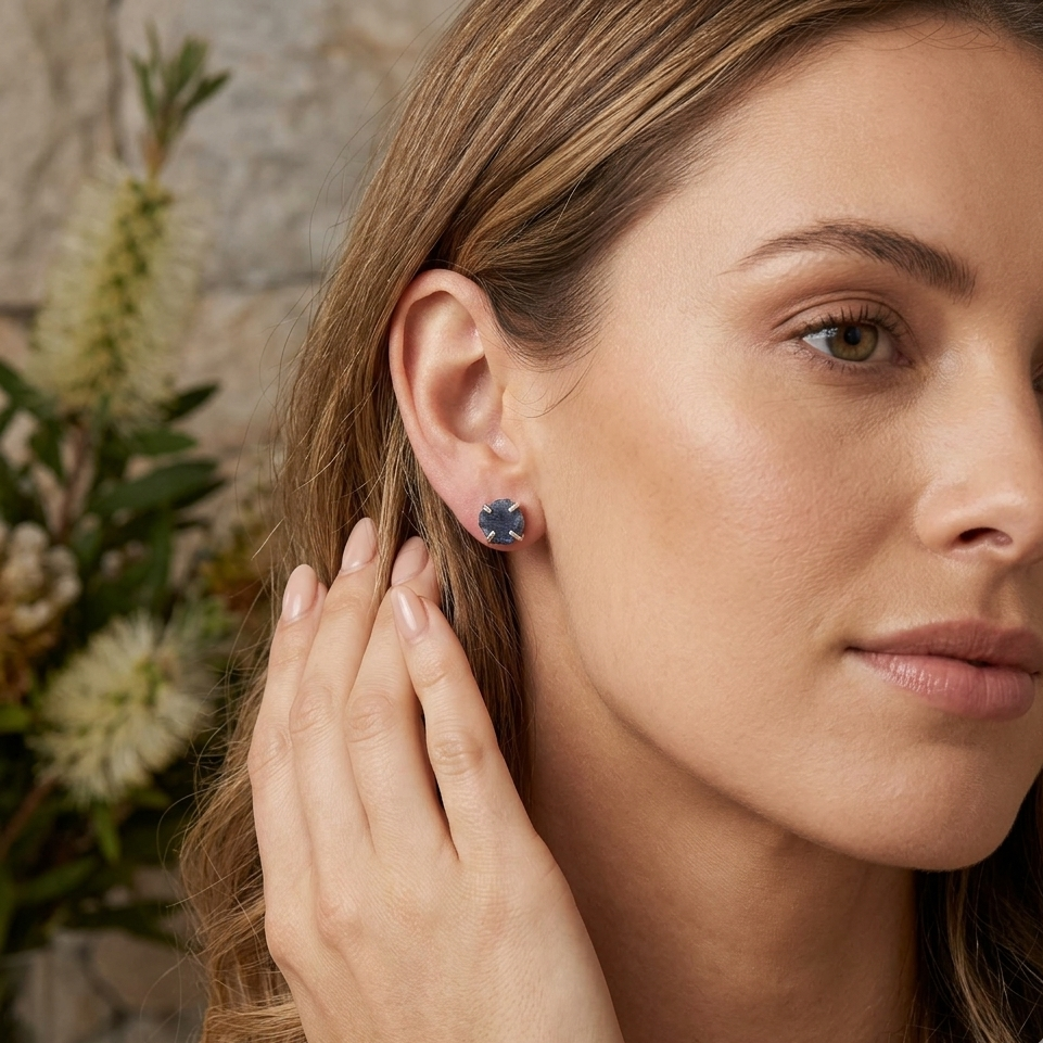 Woman wearing a blue earring with a neutral background