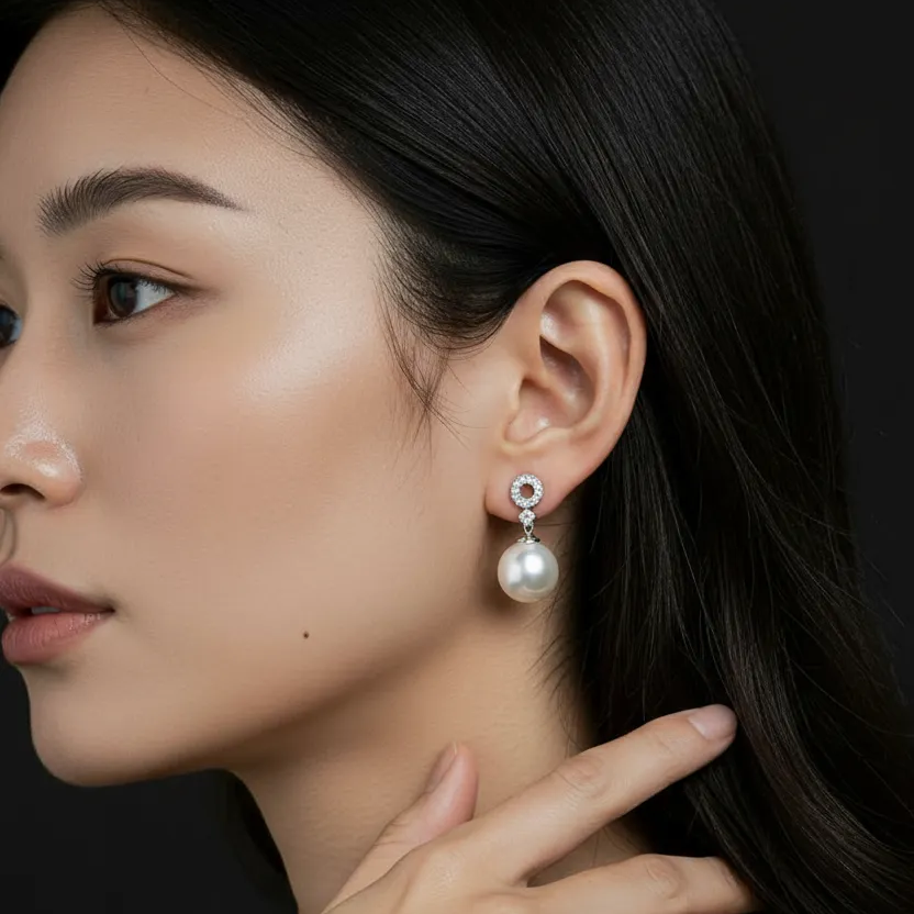 Woman wearing pearl earrings with a dark background