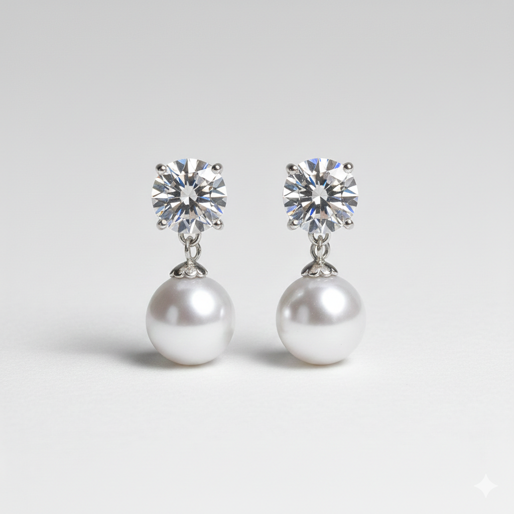 Pair of pearl and crystal earrings on a light gray background