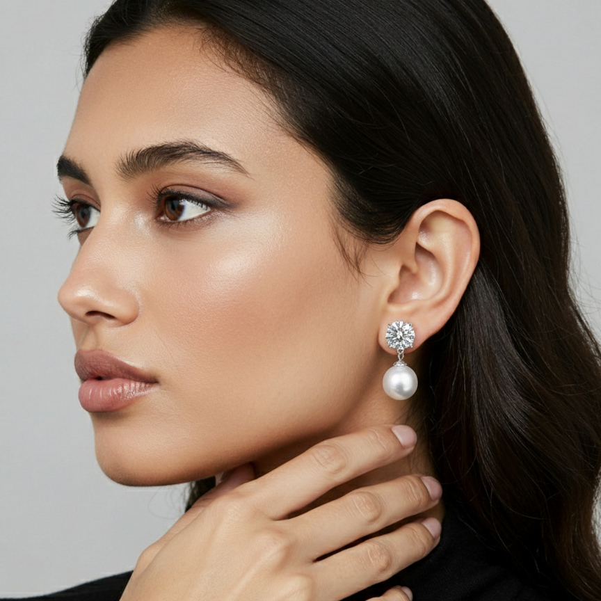 Woman wearing pearl and diamond earrings against a neutral background