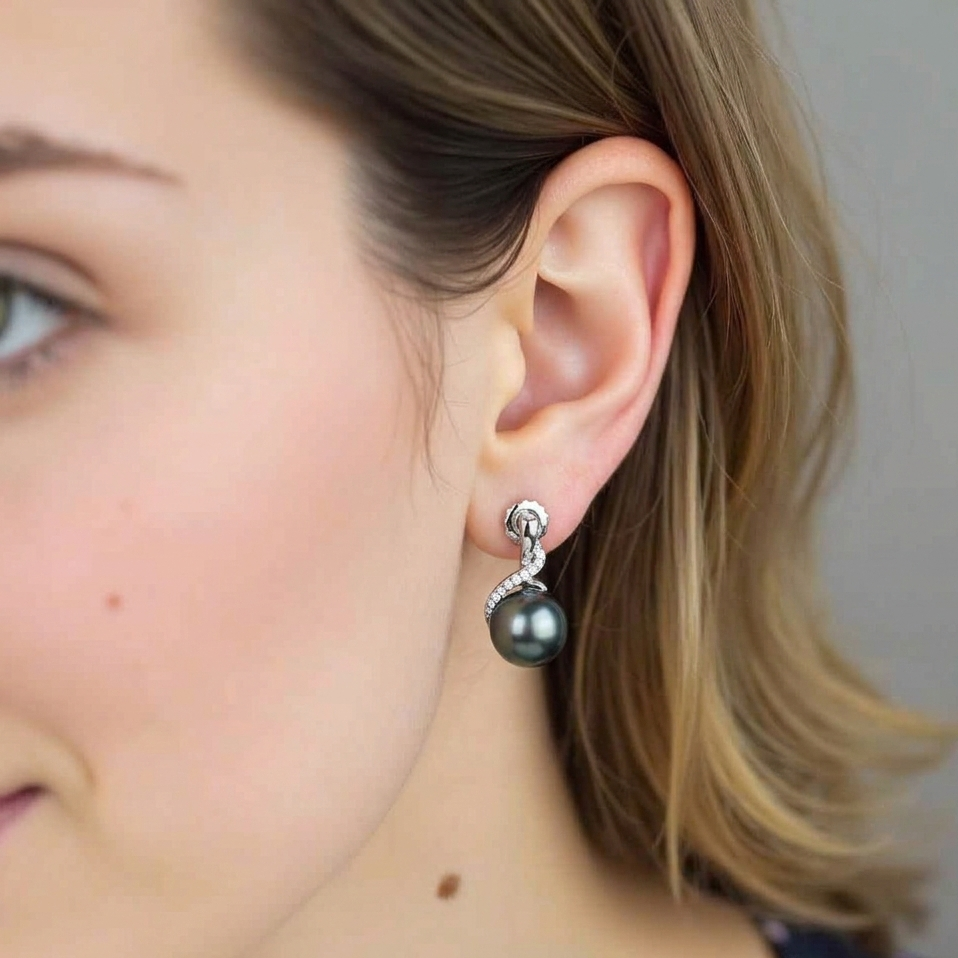 Close-up of a woman wearing a black pearl earring with a gray background