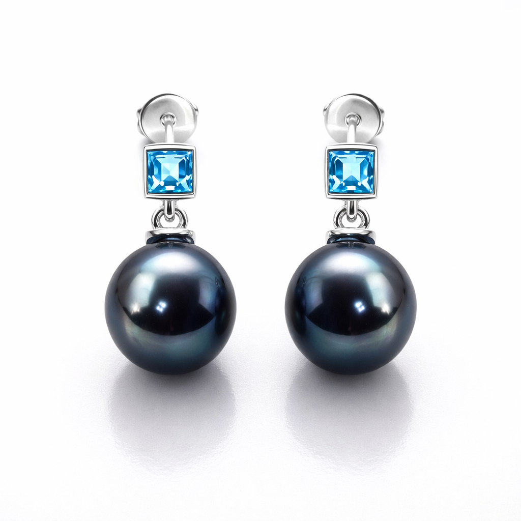 Tahitian Pearl with Topaz Earrings 10.5 - 11.5 MM in 925 Silver