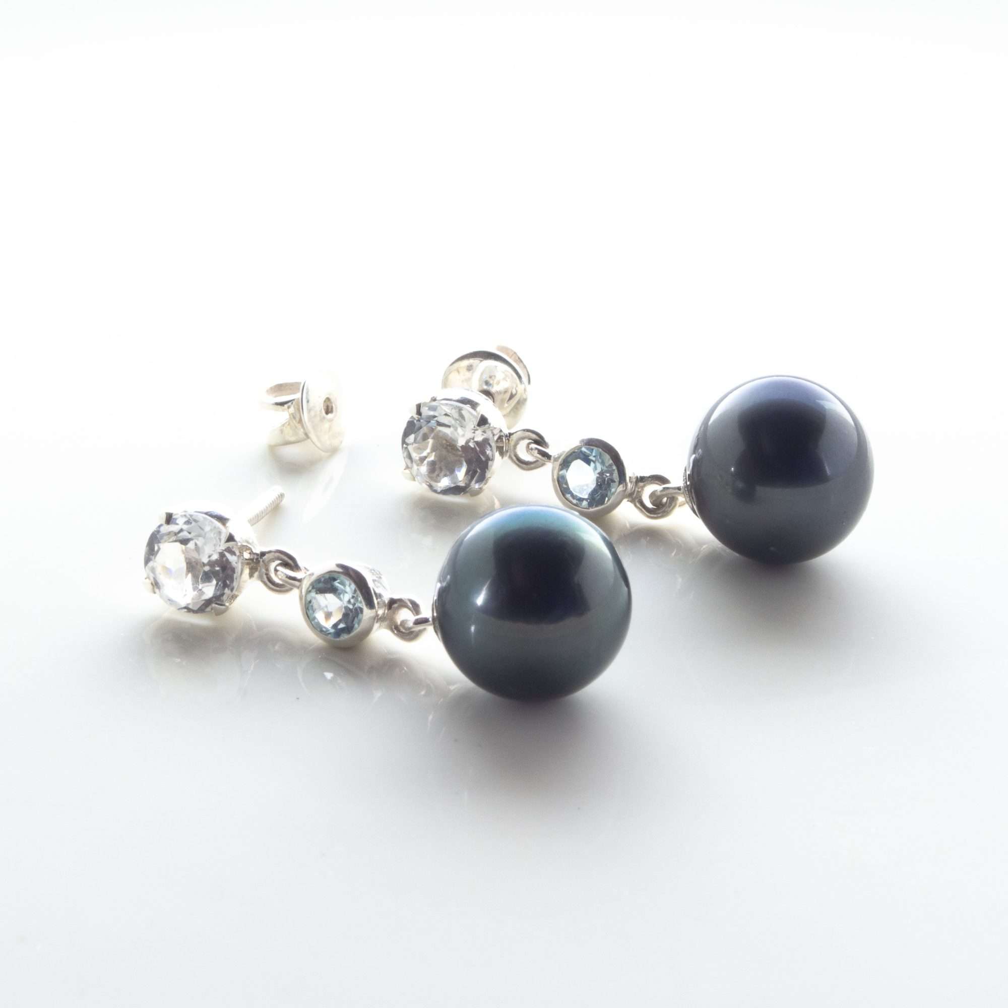 Tahitian Pearl with Topaz Earrings 10.5 - 11.5 MM in 925 Silver