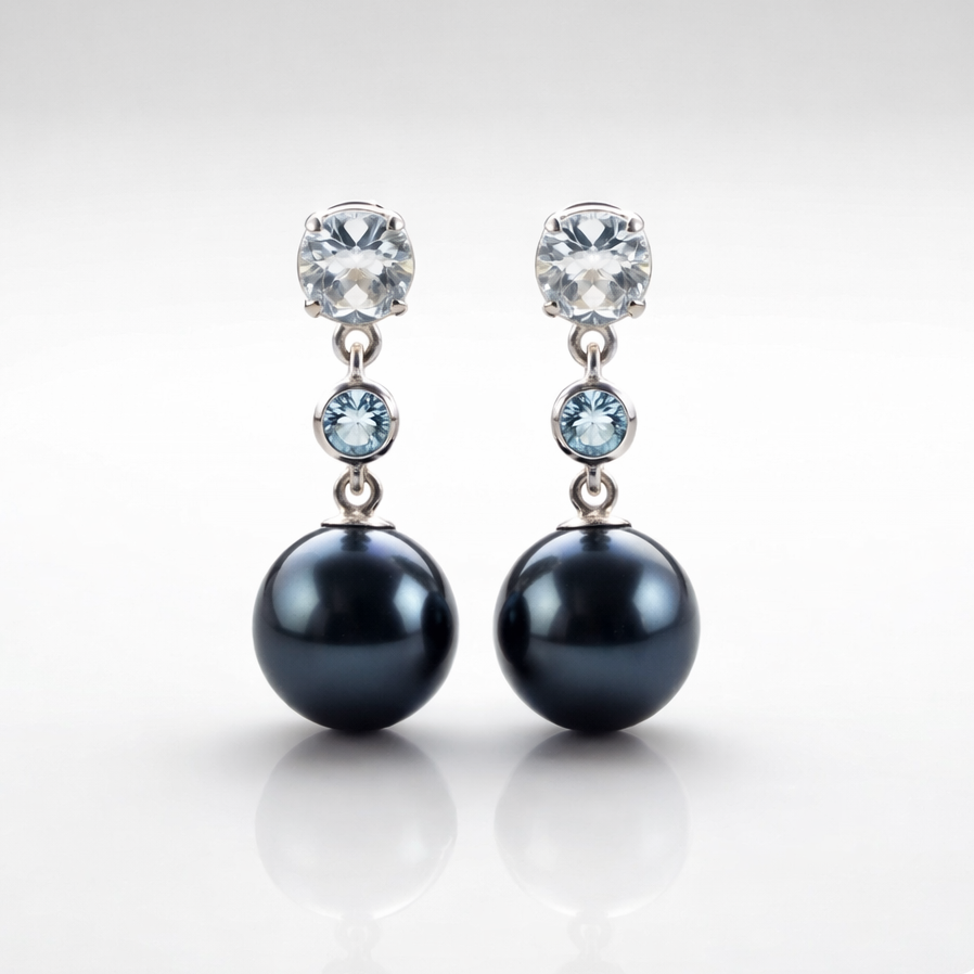 Tahitian Pearl with Topaz Earrings 10.5 - 11.5 MM in 925 Silver