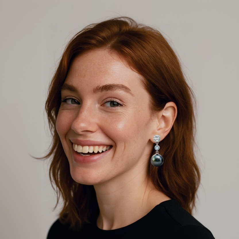 Woman wearing a black Tahitian pearl earrings with a plain background