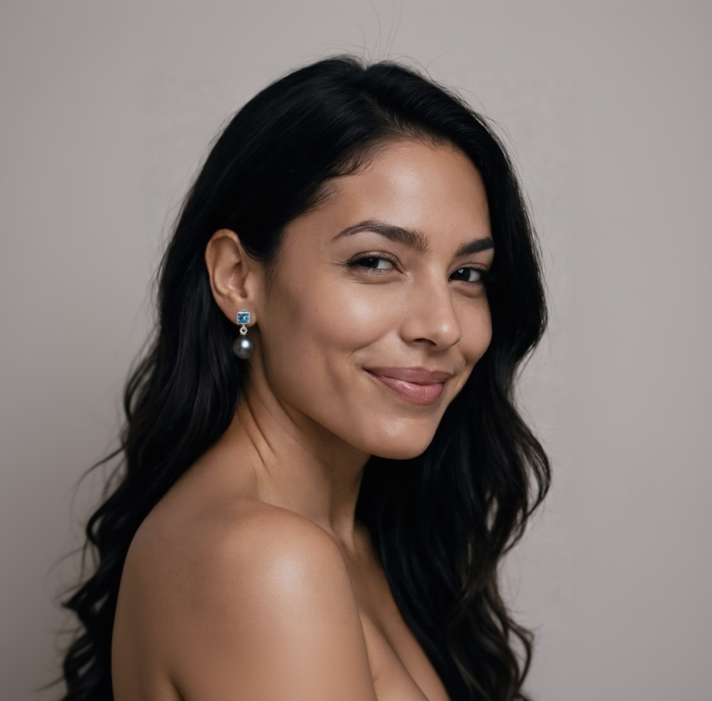 Woman wearing earrings with a neutral background