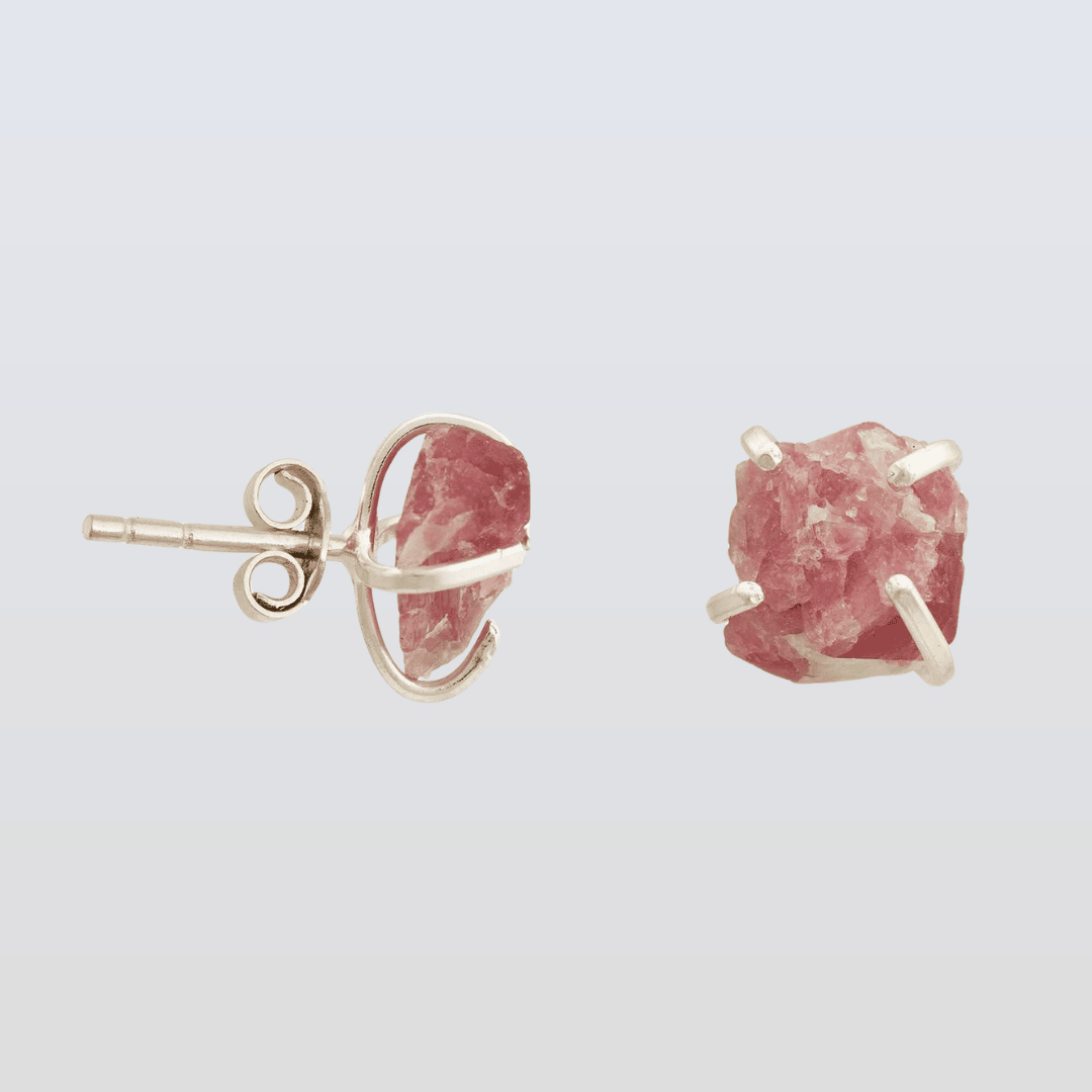 Pair of pink stone stud earrings on a light gray background
