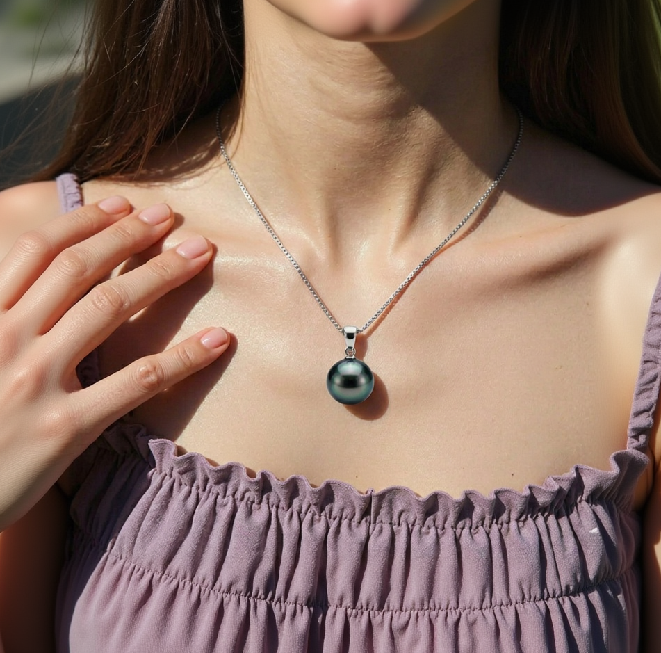 Tahitian South Sea Black Pearls in 10 CT Gold Pueu Pendant 10.5 - 11.5 MM AA