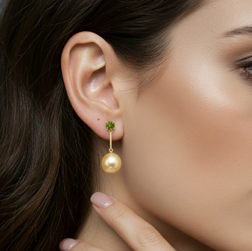 Golden South Sea Pearl with Green Peridot Albany Drop Earrings 10-10.5mm