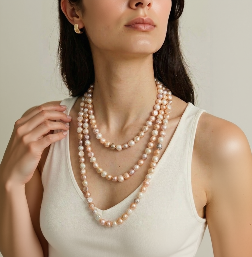Woman wearing a pearl necklace with a neutral background