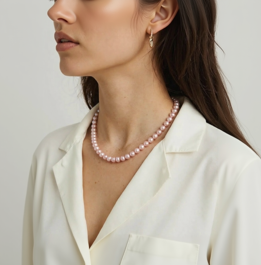 Woman wearing a pink pearl necklace with a white shirt on a plain background