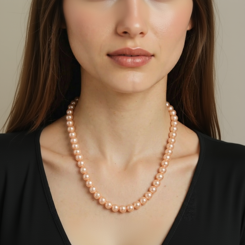 Close-up of a woman wearing a pink pearl necklace against a black background
