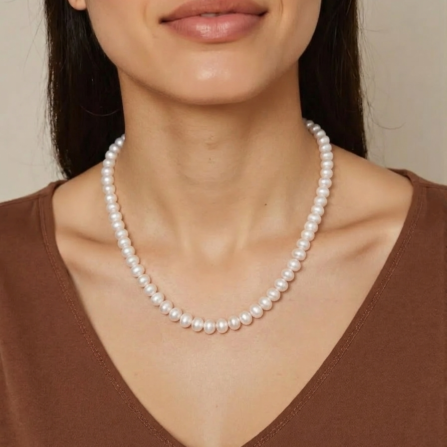 Woman wearing a pearl necklace against a neutral background