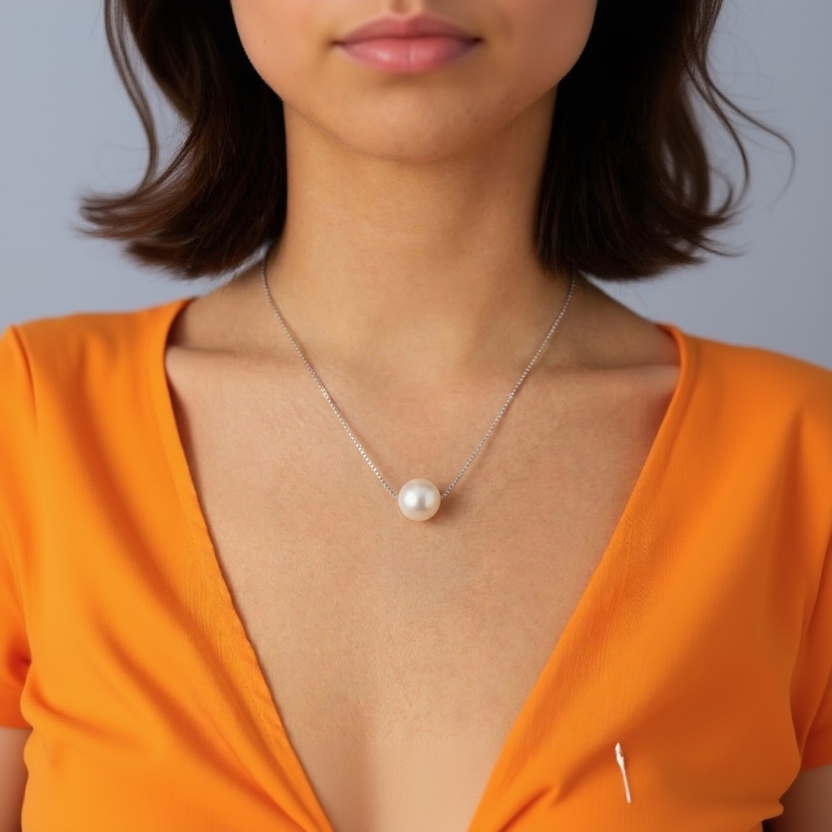 Pearl necklace on a person wearing an orange top