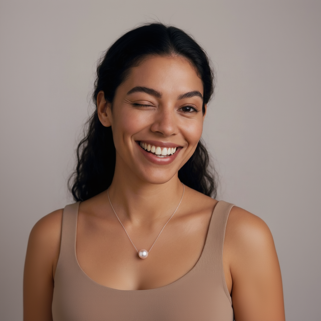 Woman wearing a pearl necklace against a neutral background