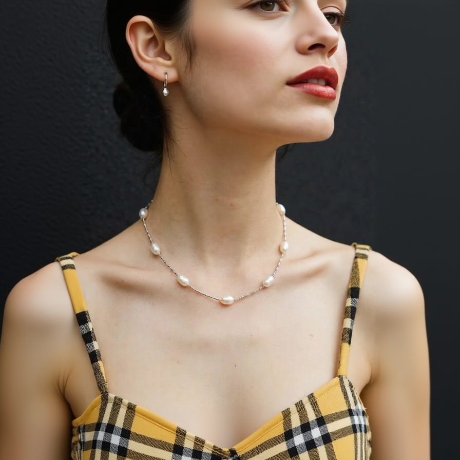 Woman wearing a pearl necklace with a dark background