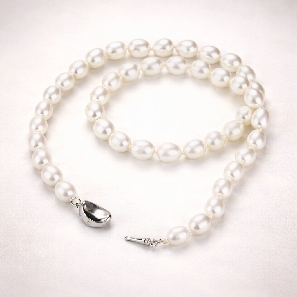 Pearl necklace with a silver clasp on a light pink background