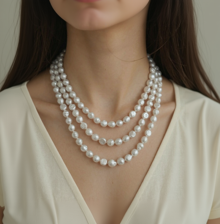 Pearl necklace worn by a person against a neutral background