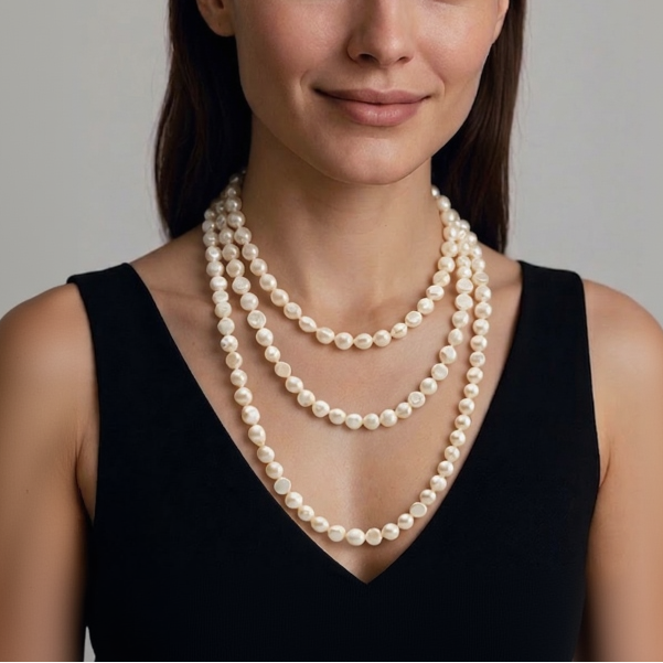 Woman wearing a pearl necklace against a neutral background