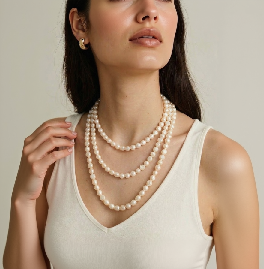 Woman wearing a pearl necklace with a plain background