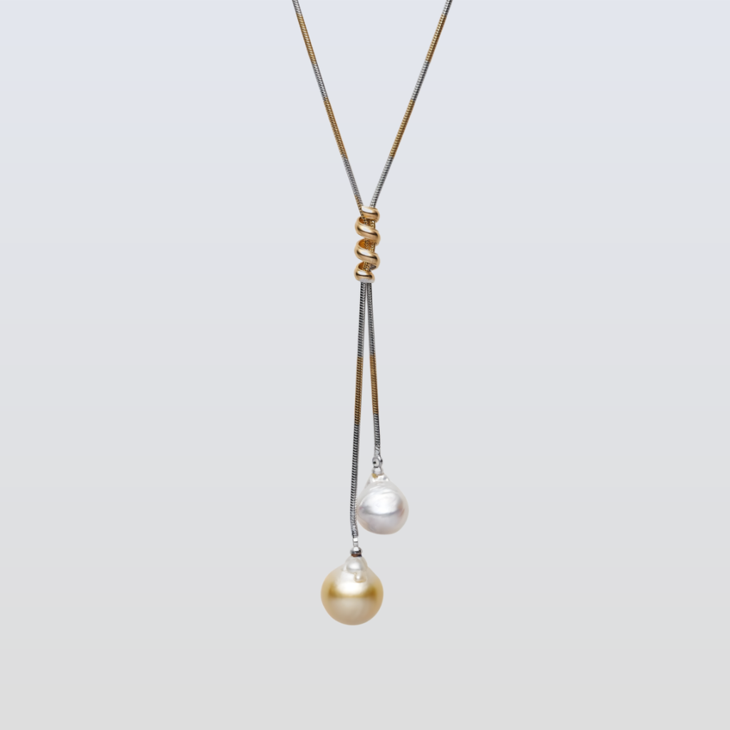 South Sea Baroque White and Gold Long Chain Necklace 13 and 15 mm AA+