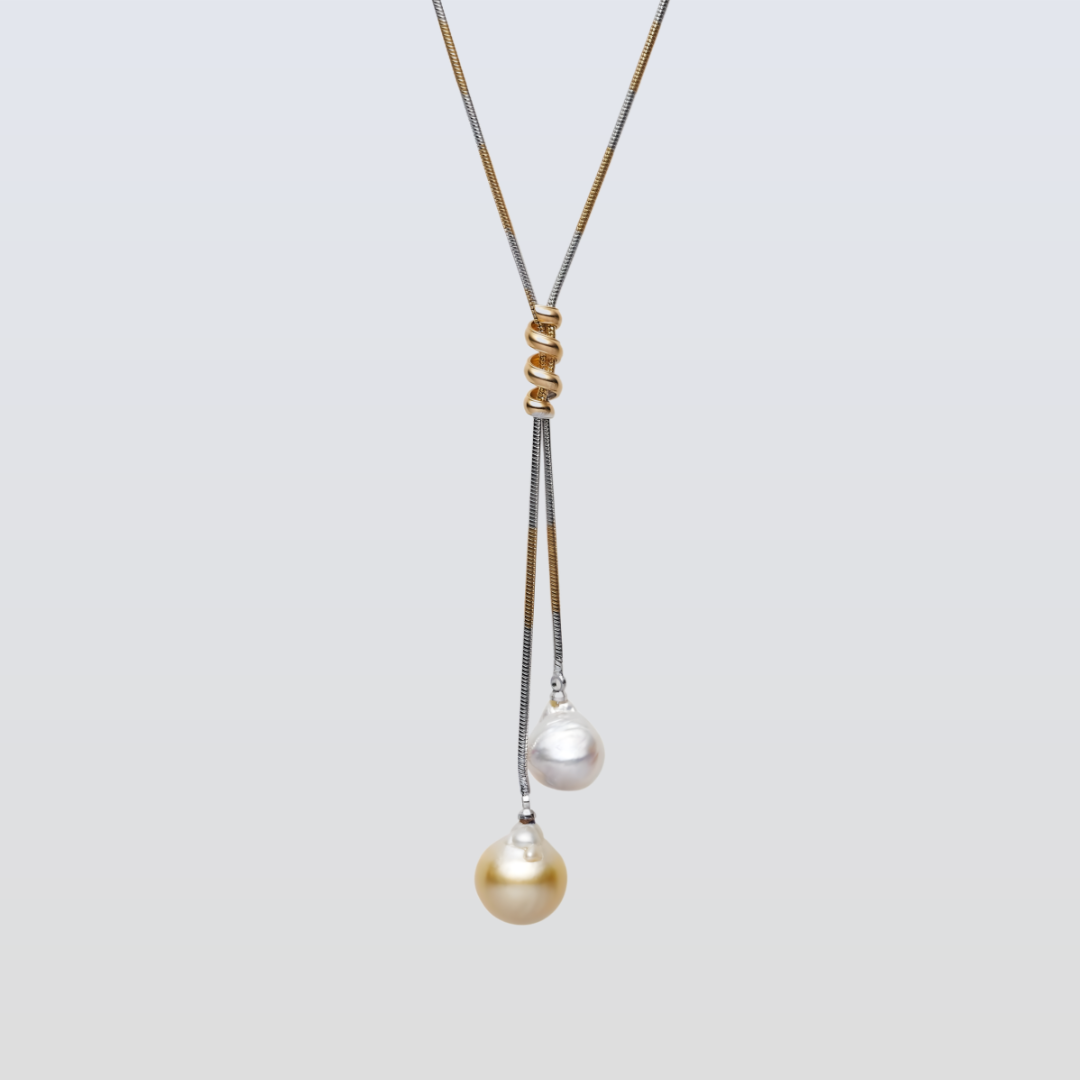 South Sea Baroque White and Gold Long Chain Necklace 13 and 15 mm AA+